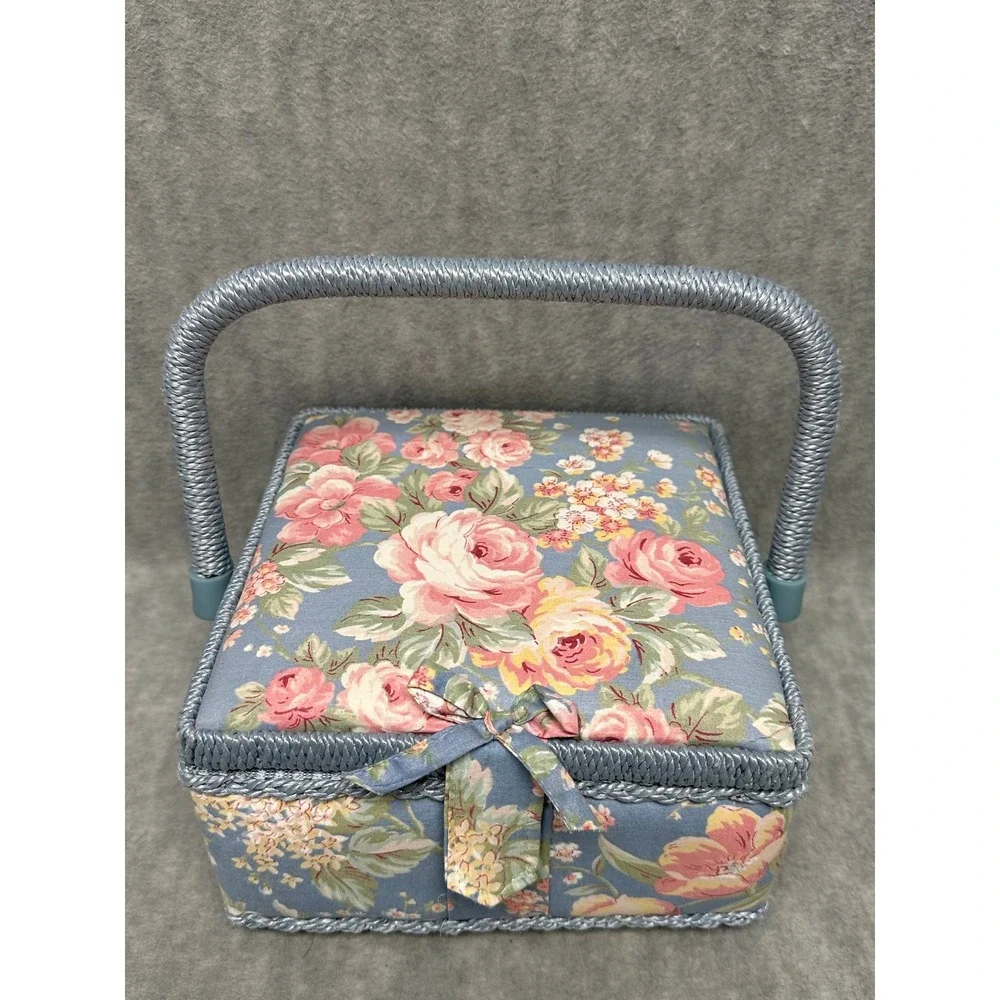 Vintage Floral Sewing‎ Basket Blue Pink Rose Craft Organizer with Tray Handle